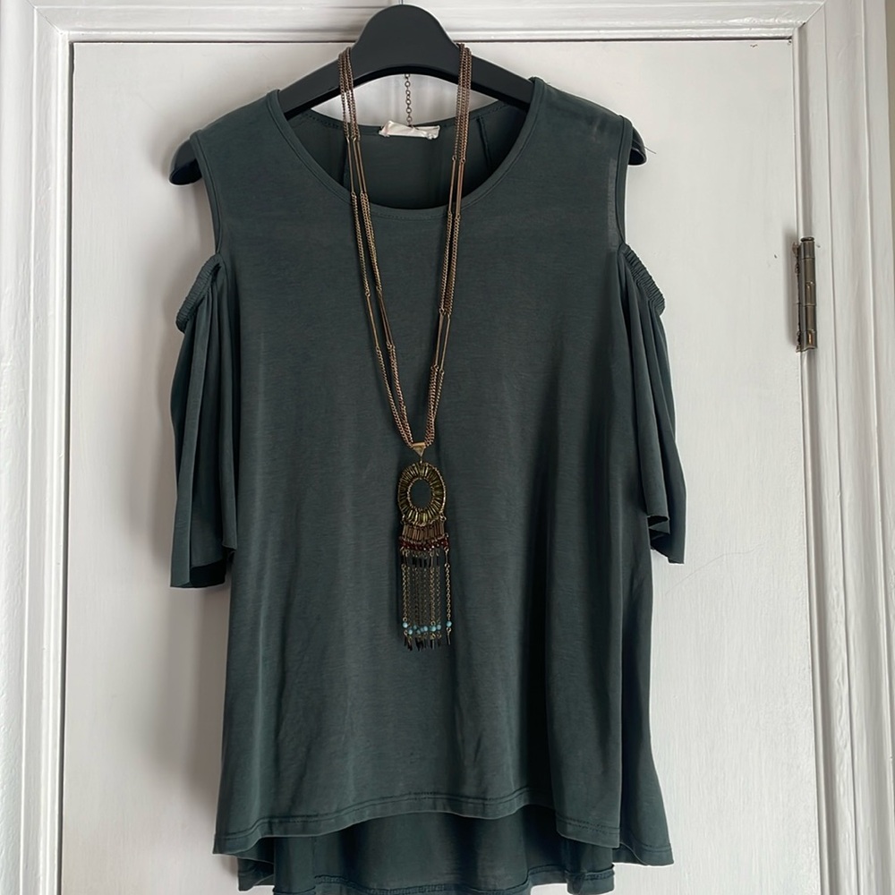 Humming Bird Cold Shoulder Top Dark Green Small with Free Necklace